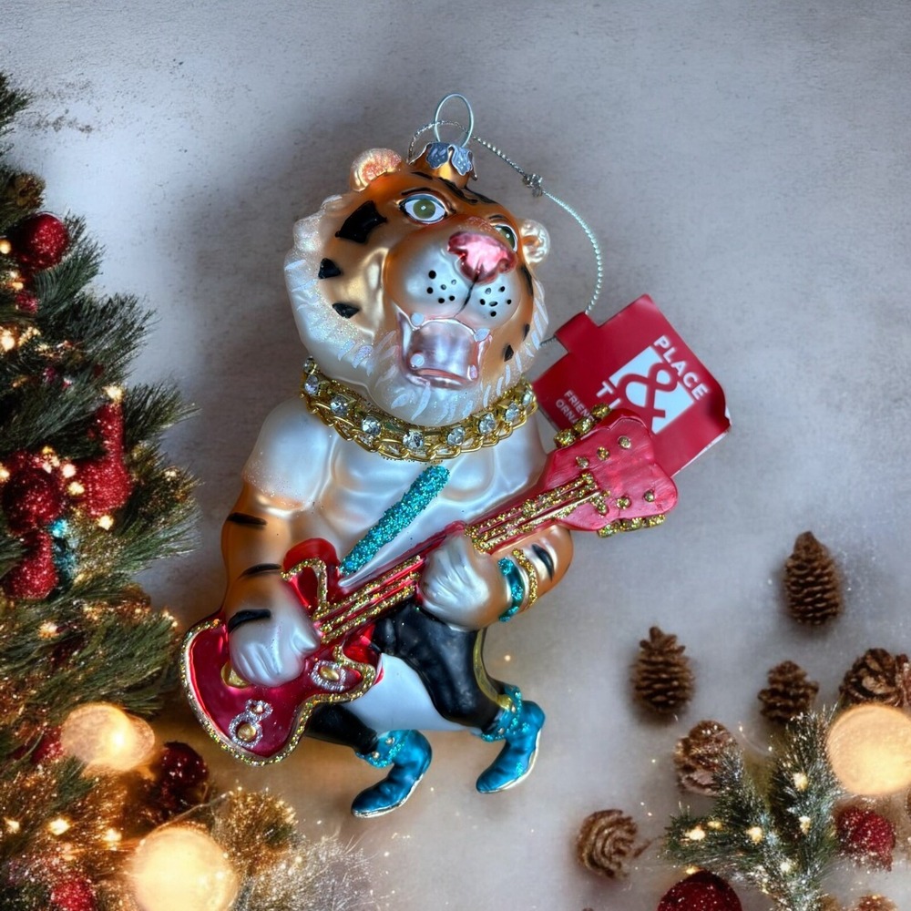 Tiger Guitar Glass Christmas Ornament‎ by Place & Time NWT 5.5"